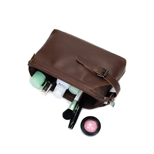 New Portable Promotional Simple Brown Ladies Large Leather Dopp Toiletry Travel Bag